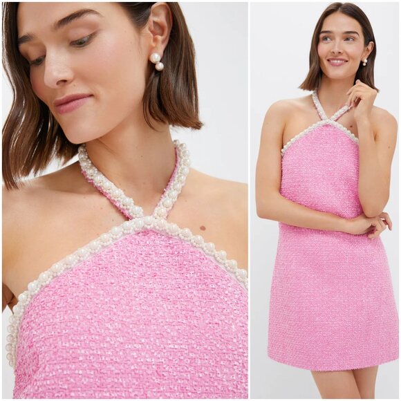 Tuckernuck Petra Mini Dress size XL Pink Tweed & Pearl Hyacinth House halter - Picture 3 of 14